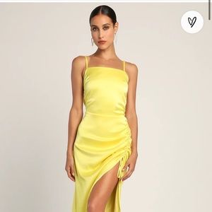 Bonafide Babe Yellow Satin Sleeveless Ruched Midi Dress
